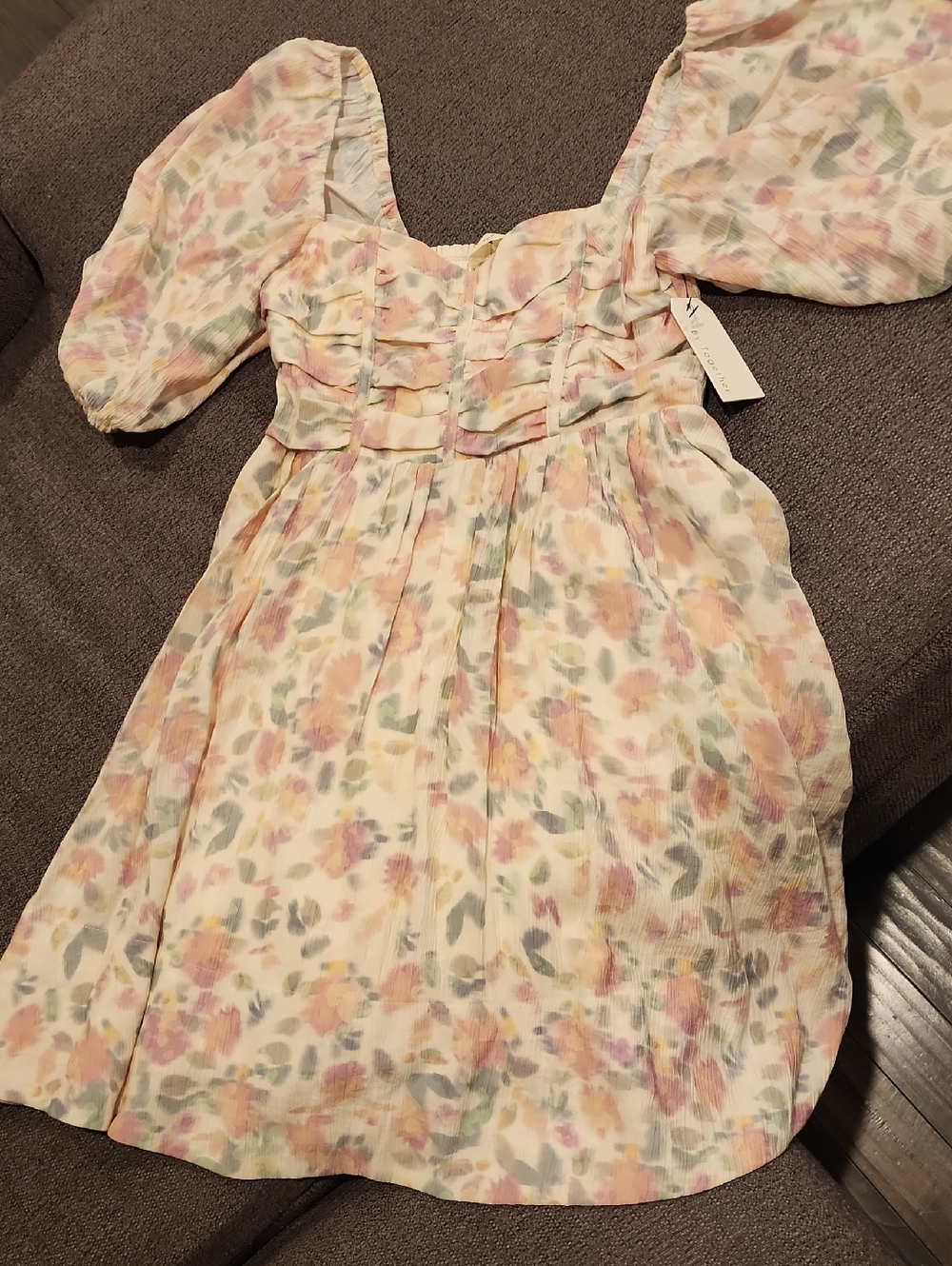By Together Pastel Floral Puff-Sleeve Dress in Pink, Peach, Lavender & Mint